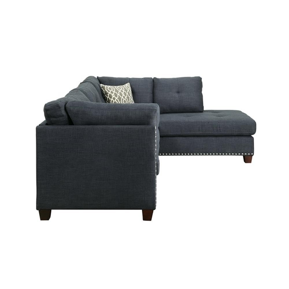 Acme ACM Laurissa Sectional Sofa and Ottoman with 2 Pillows in Dark Blue