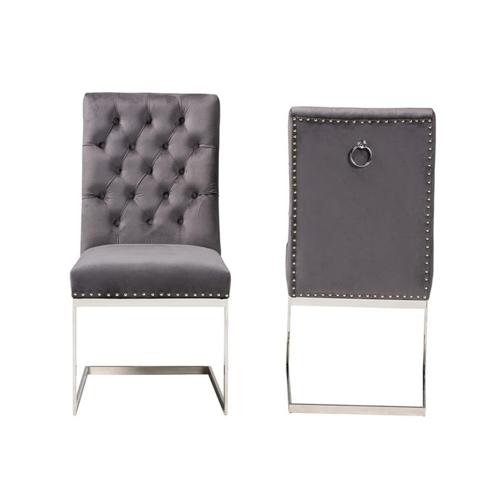 Baxton Studio Sherine Contemporary Glam and Luxe Grey Velvet Fabric and Silver Metal 2-Piece Dining Chair Set