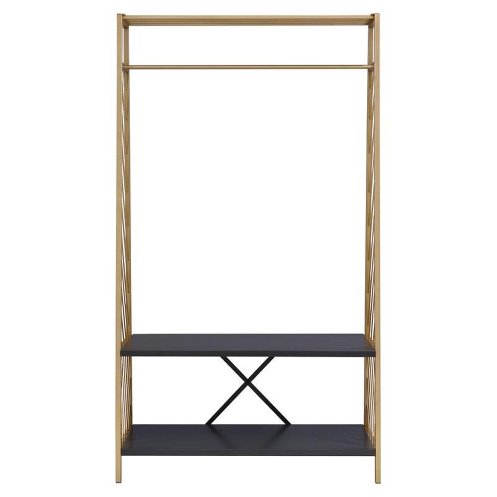 Acme Pahor Trapezoid Metal Hall Tree With 2 Tier Shelves In Gold And Black