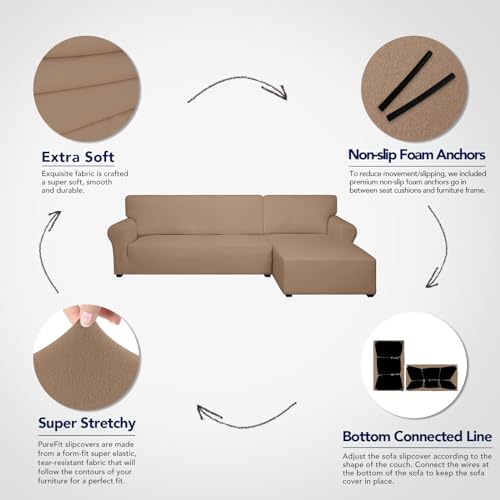 Purefit Super Stretch Sectional Couch Covers - 2 Pcs Spandex Non Slip Sofa Covers With Elastic Bottom For L Shape Sectional Sofa Couch, Great For Kids & Pets (3 Seat Sofa + 2 Seat Chaise, Camel)