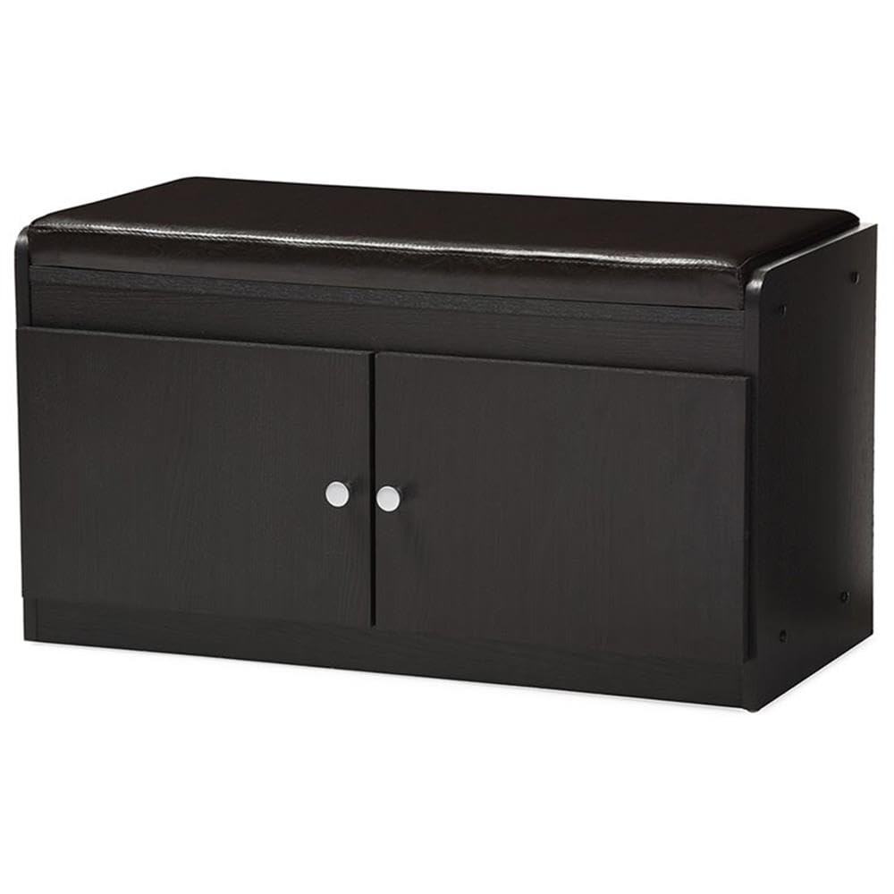 Baxton Studio Margaret Modern & Contemporary Wood 2-Door Shoe Cabinet with Faux Leather Seating Bench, Dark Brown