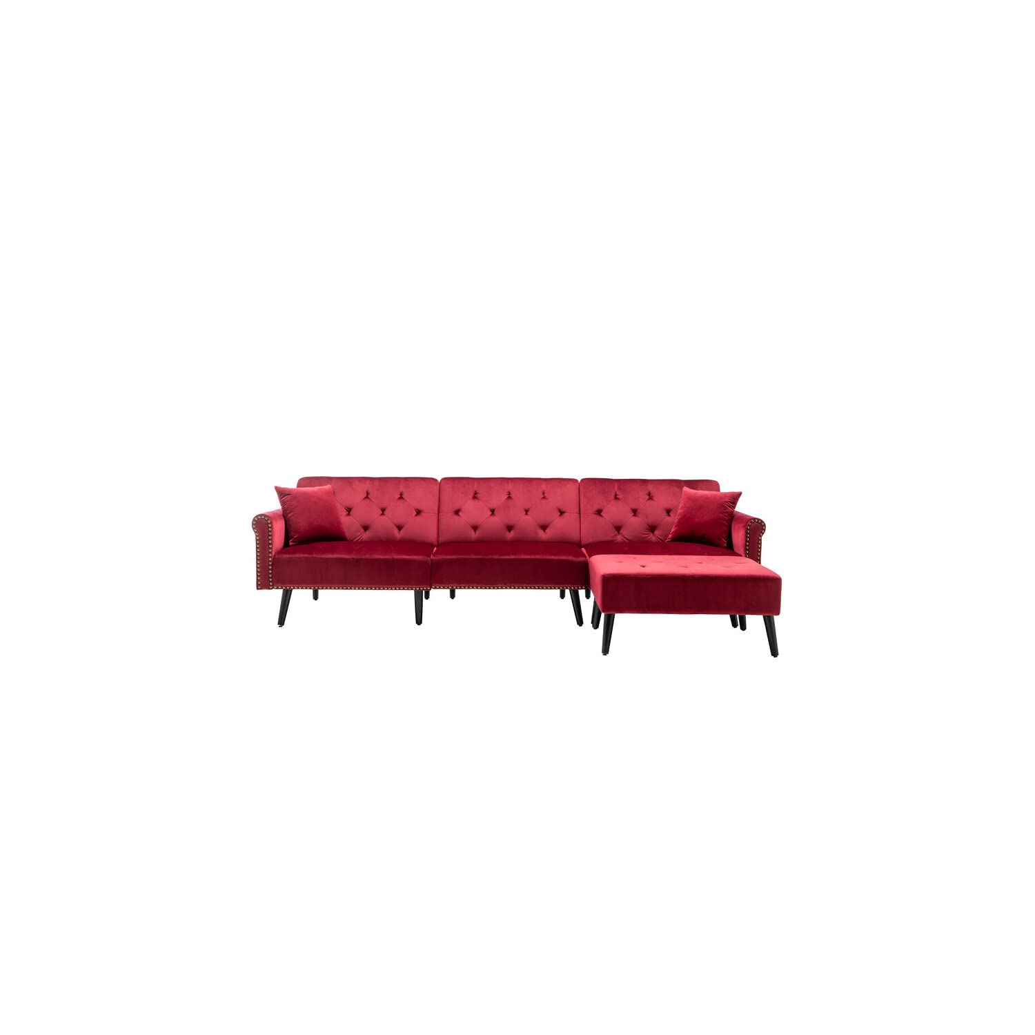 Lilola Home Piper Jujube Red Velvet Sofa Bed with Ottoman and 2 Accent Pillows