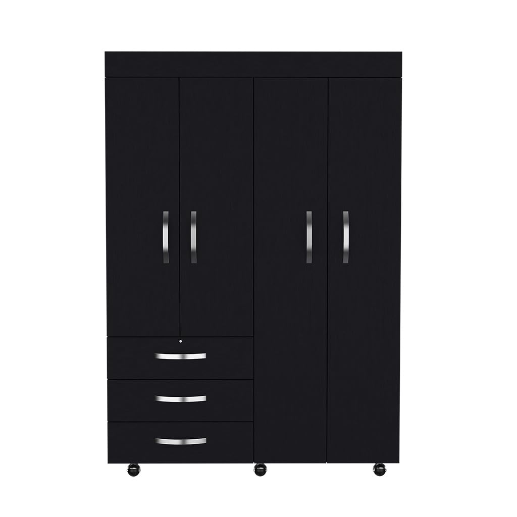 Mobile Armoire Velvet, Rods, Double Door Cabinet, Three Drawers - Black