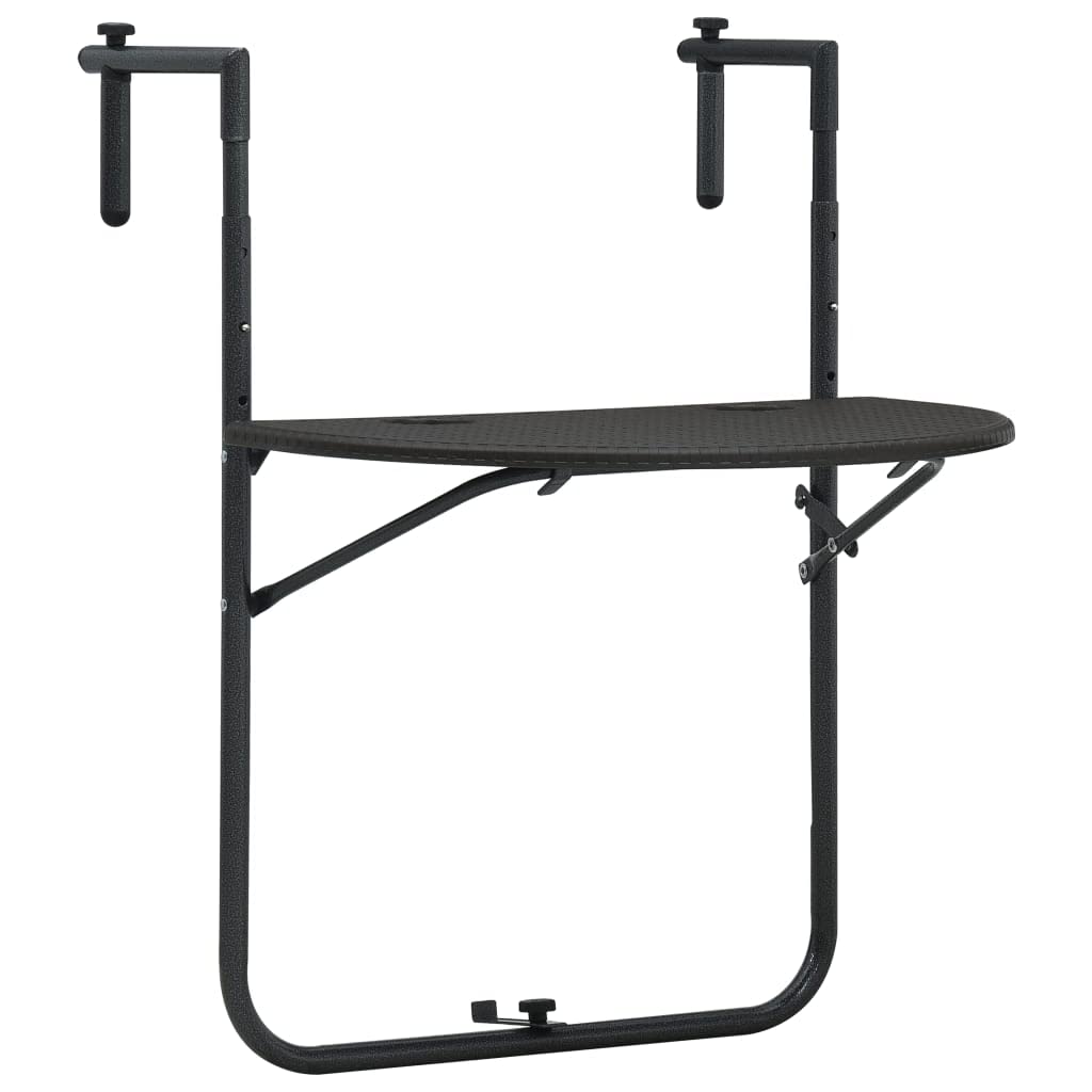 vidaXL Hanging Balcony Table with Adjustable Height - Durable Plastic Design with Steel Frame - Foldable for Space-Saving - Weather Resistant - Brown Rattan Look