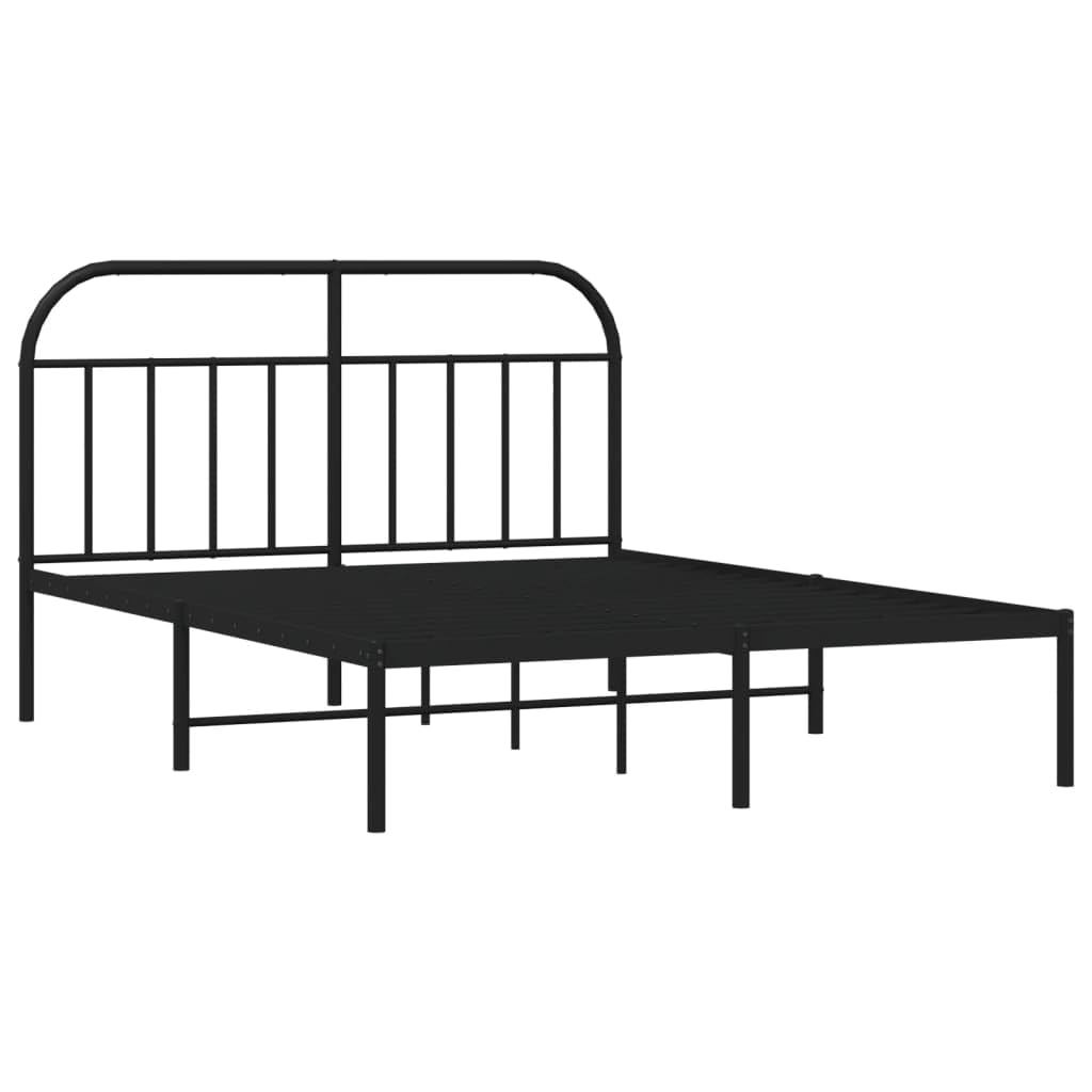 vidaXL Black Metal Bed Frame with Headboard - 53.9&quot;x74.8&quot;, Traditional Powder-Coated Steel Construction, with Metal Slats and Center Legs, Extra Under-Bed Storage Space