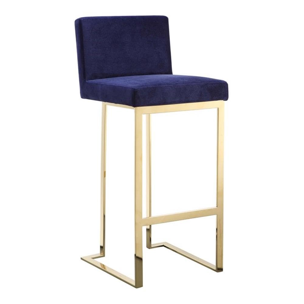 Pangea Home Dexter 30&quot; Modern Velvet & Polished Steel Bar Stool In Navy/Gold