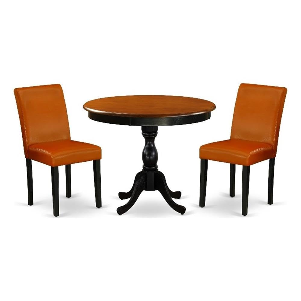 East West Furniture Amab3-Bch-61 3 Piece Modern Dining Table Set Contains A Round Kitchen Table With Pedestal And 2 Baked Bean Faux Leather Parson Dining Chairs, 36X36 Inch, Black & Cherry