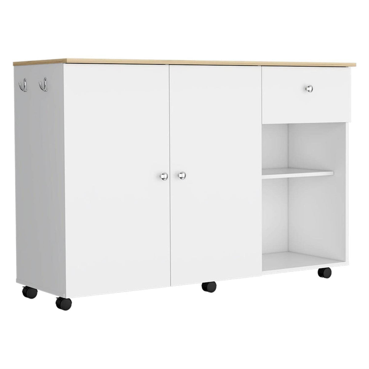 Syros Kitchen Island Cart, 6 Carter, 1 Drawer, Double Door Cabinet, 2 External Shelves, 4 Interior Shelves, White/Pine