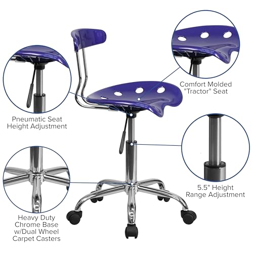 Flash Furniture Elliott Vibrant Deep Blue and Chrome Swivel Task Office Chair with Tractor Seat