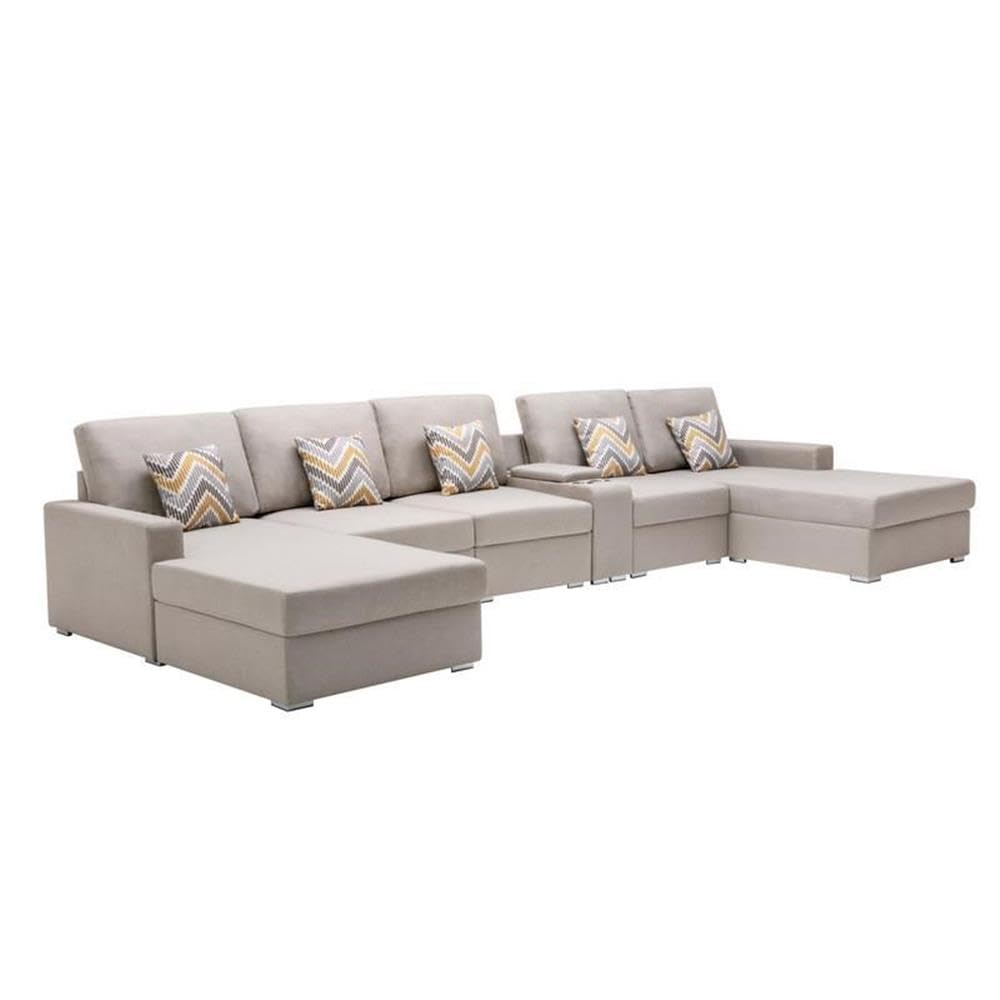 Lilola Home Nolan Beige Linen Fabric 6Pc Double Chaise Sectional Sofa with Interchangeable Legs, a USB, Charging Ports, Cupholders, Storage Console Table and Pillows