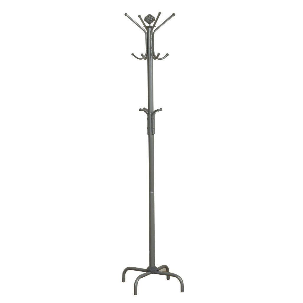 Monarch Specialties 2007, Hall Tree, Free Standing, 12 Hooks, Entryway, Bedroom, Metal, Grey, Contemporary, Modern Coat Rack, 19' L x 19' W x 70' H, Silver