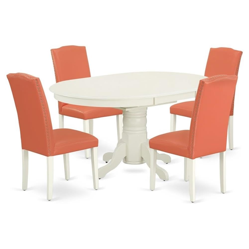 East West Furniture Aven5-Lwh-78 5 Piece Kitchen Table Set For 4 Includes An Oval Butterfly Leaf Dining Table And 4 Pink Flamingo Faux Leather Upholstered Chairs, 42X60 Inch, Linen White