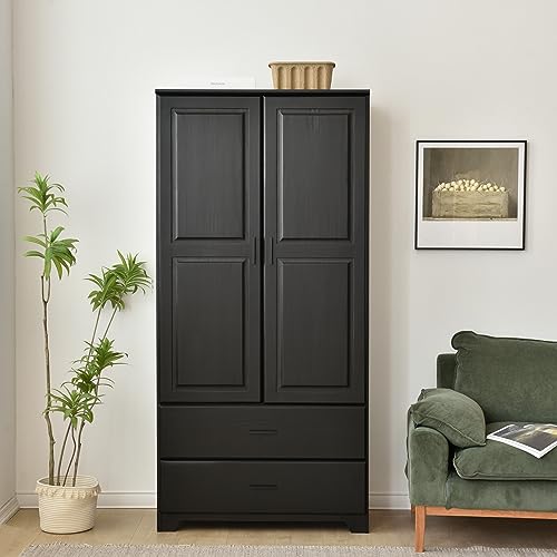 Pine Wood Closet with Raised Doors and Two Drawers Black