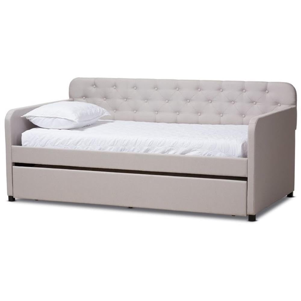 Baxton Studio Camelia Modern and Contemporary Beige Fabric Upholstered Button-Tufted Twin Size Sofa Daybed with Roll-Out Trundle Guest Bed