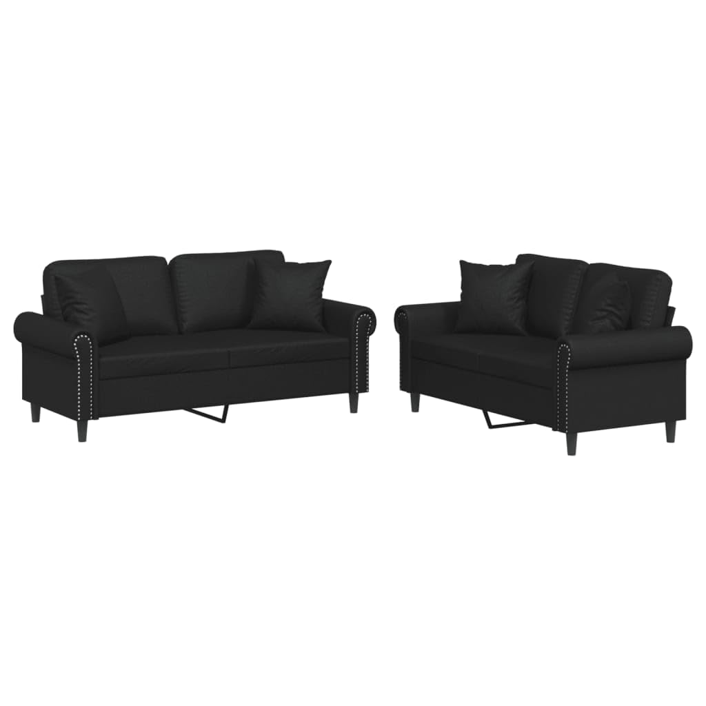 vidaXL 2 Piece Sofa Set in Black Faux Leather with Cushions – Durable and Stain-Resistant – Modern Design – Easy to Clean and Maintain – Padded Seating