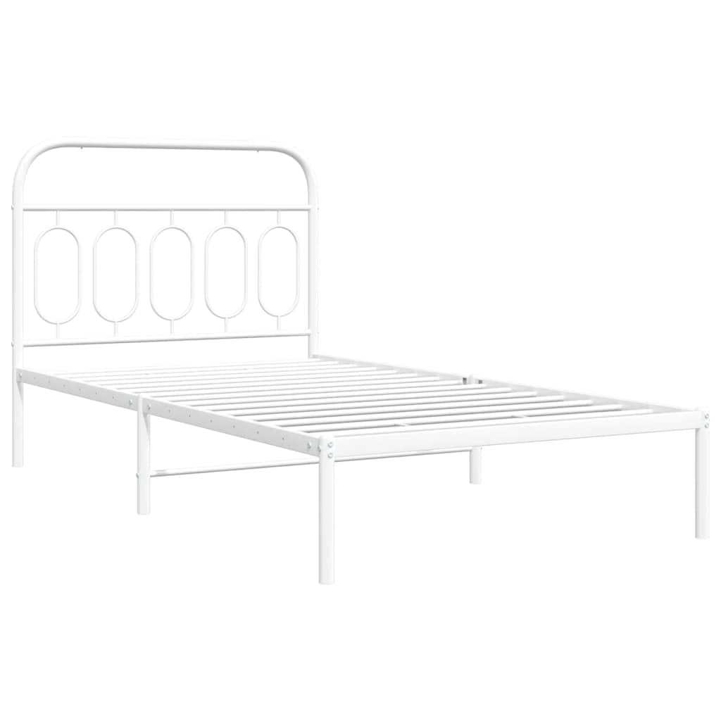 vidaXL Metal Bed Frame with Headboard - White Single Bed 39.4&quot;x78.7&quot; - Sturdy Steel Construction, Storage Space, Elegant Design