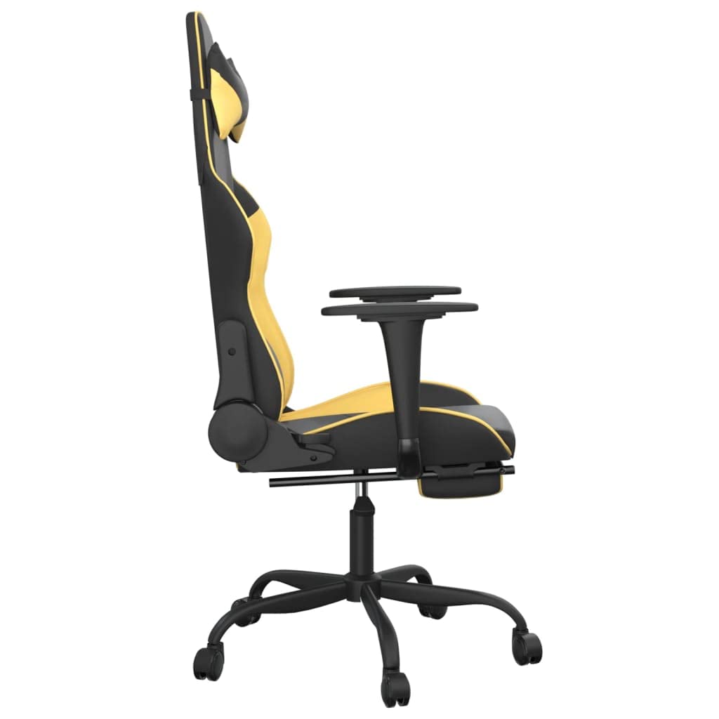 vidaXL Adjustable Gaming Chair with Footrest - Black and Gold Resistant Faux Leather, Comfortable Seat and Backrest, Modern Style.