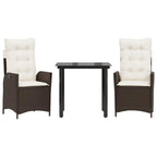 vidaXL 3 Piece Patio Dining Set - Brown PE Rattan - Reclining Garden Chair with Adjustable Backrest - Cushions Including Removable Covers - Square Tempered Glass Tabletop - Garden, Backyard, Patio