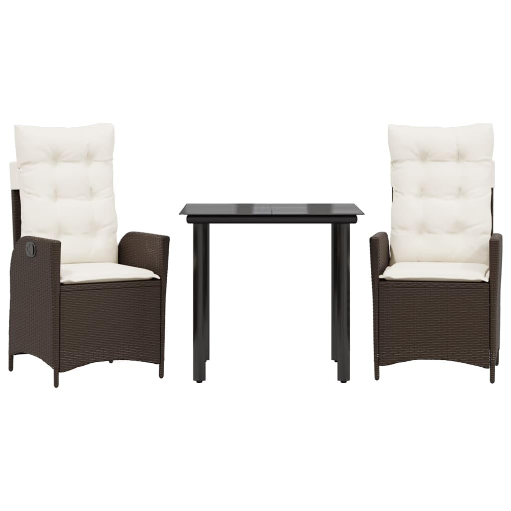 vidaXL 3 Piece Patio Dining Set - Brown PE Rattan - Reclining Garden Chair with Adjustable Backrest - Cushions Including Removable Covers - Square Tempered Glass Tabletop - Garden, Backyard, Patio