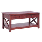vidaXL Solid Mahogany Wood Coffee Table with 2 Drawers and Shelf, Brown Lacquer Finish, Classic Design, Sturdy Frame, Ideal Living Room Furniture
