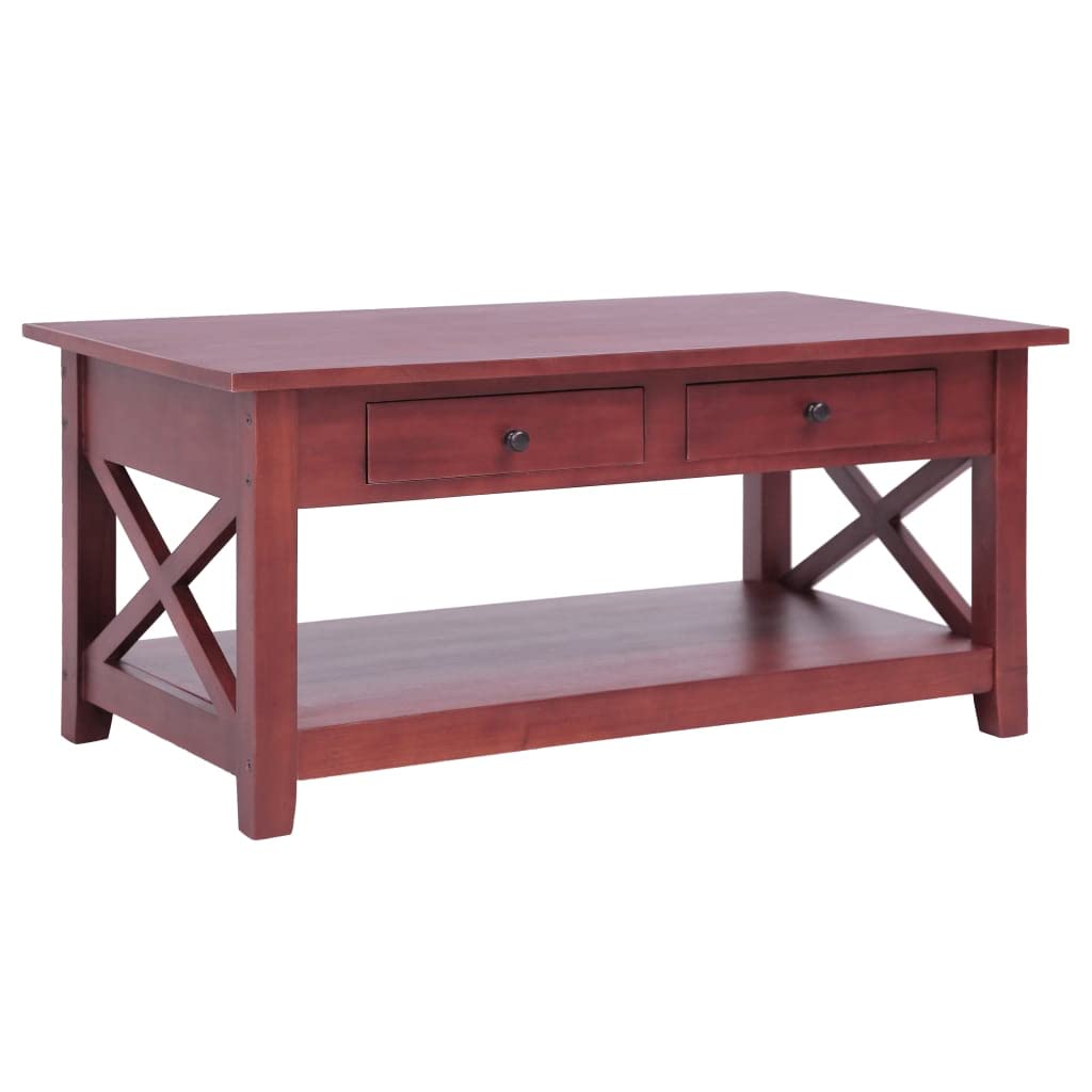 vidaXL Solid Mahogany Wood Coffee Table with 2 Drawers and Shelf, Brown Lacquer Finish, Classic Design, Sturdy Frame, Ideal Living Room Furniture