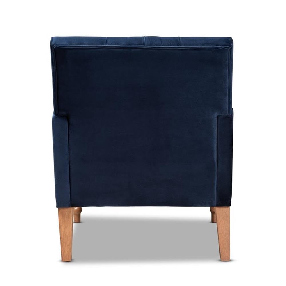 Baxton Studio Eri Blue Velvet Upholstered and Brown Finished Wood Armchair