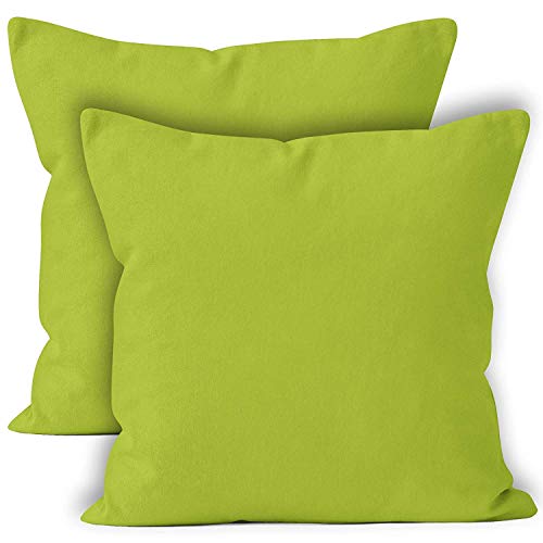 Cotton Canvas Throw Pillow Covers By Encasa Pack Of 2 Lime Green 18'X18' No Insert With Hidden Zipper | Decorative Cushion Cov