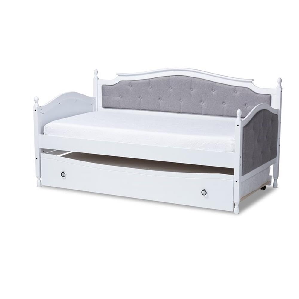 Baxton Studio Marlie Classic and Traditional Grey Fabric Upholstered White Finished Wood Twin Size Daybed with Trundle