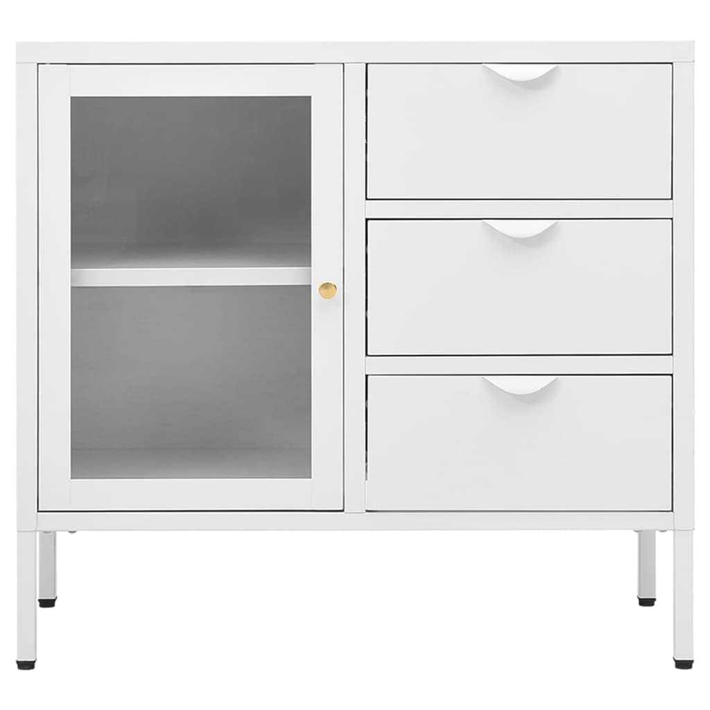 vidaXL Steel and Tempered Glass Sideboard in Classic White with Adjustable Shelf and Drawers - Ideal for Lounge, Office, Bedroom Storage