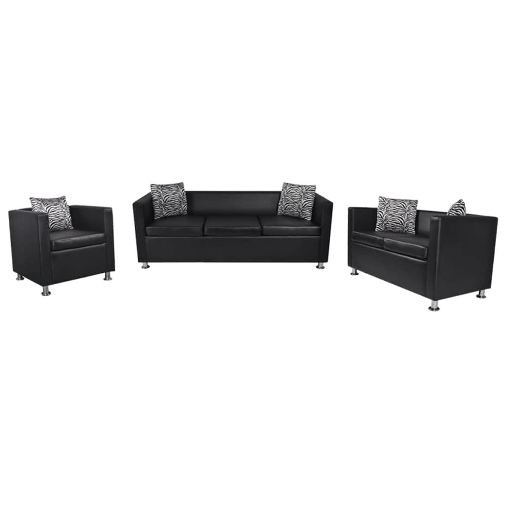 vidaXL 3 Seater 2 Seater Sofa and Cube Armchair Set Artificial Leather Black