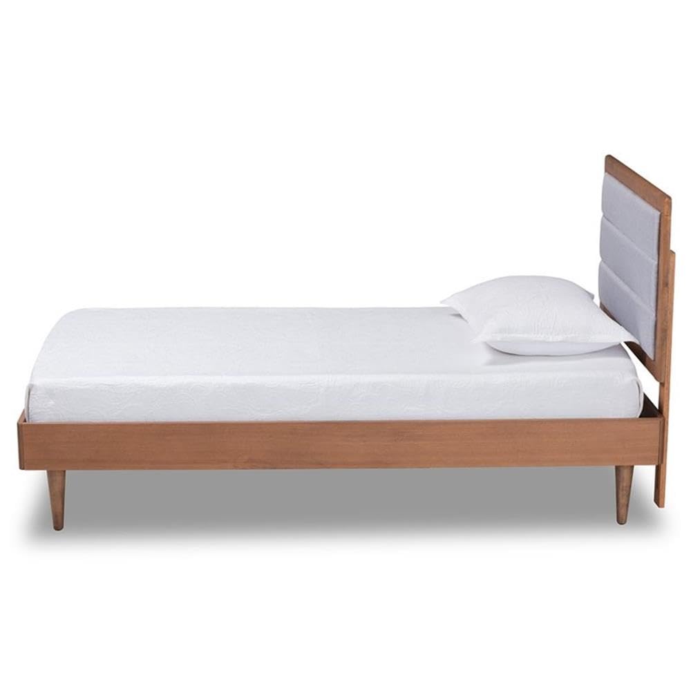 Baxton Studio Seren Mid-Century Modern Light Grey Fabric Upholstered and Walnut Brown Finished Wood Twin Size Platform Bed