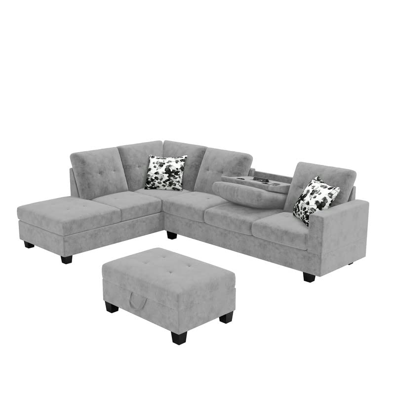 Lilola Home Remi Light Gray Velvet Reversible Sectional Sofa with Dropdown Table, Charging Ports, Cupholders, Storage Ottoman, and Pillows