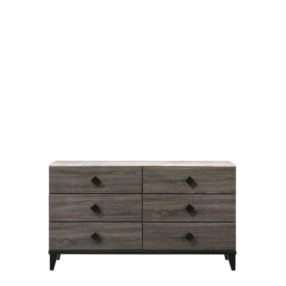 Acme Avantika Dresser In Faux Marble And Rustic Gray Oak