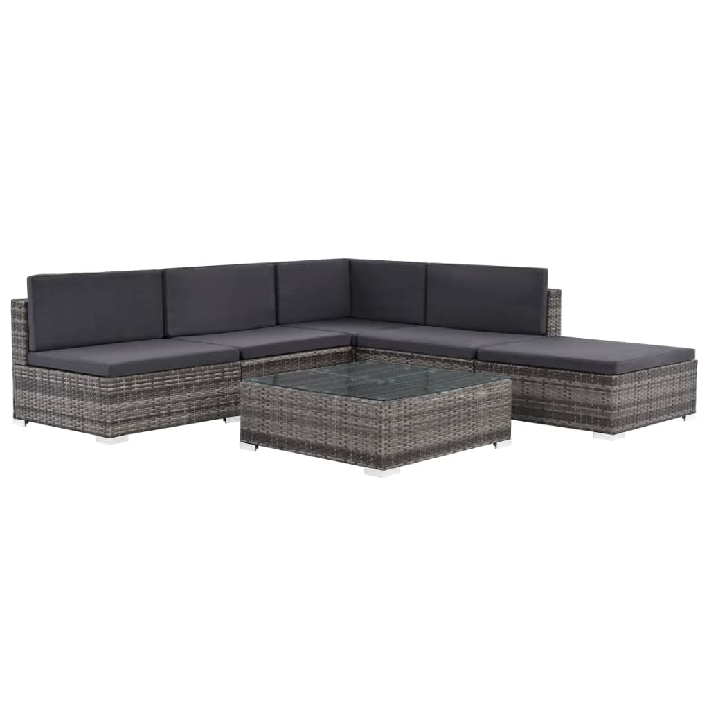 vidaXL Patio Lounge Set - 6-Piece Poly Rattan Gray Sectional Sofa Set with Coffee Table and Ottoman - Comfortable Outdoor Seating with Cushions