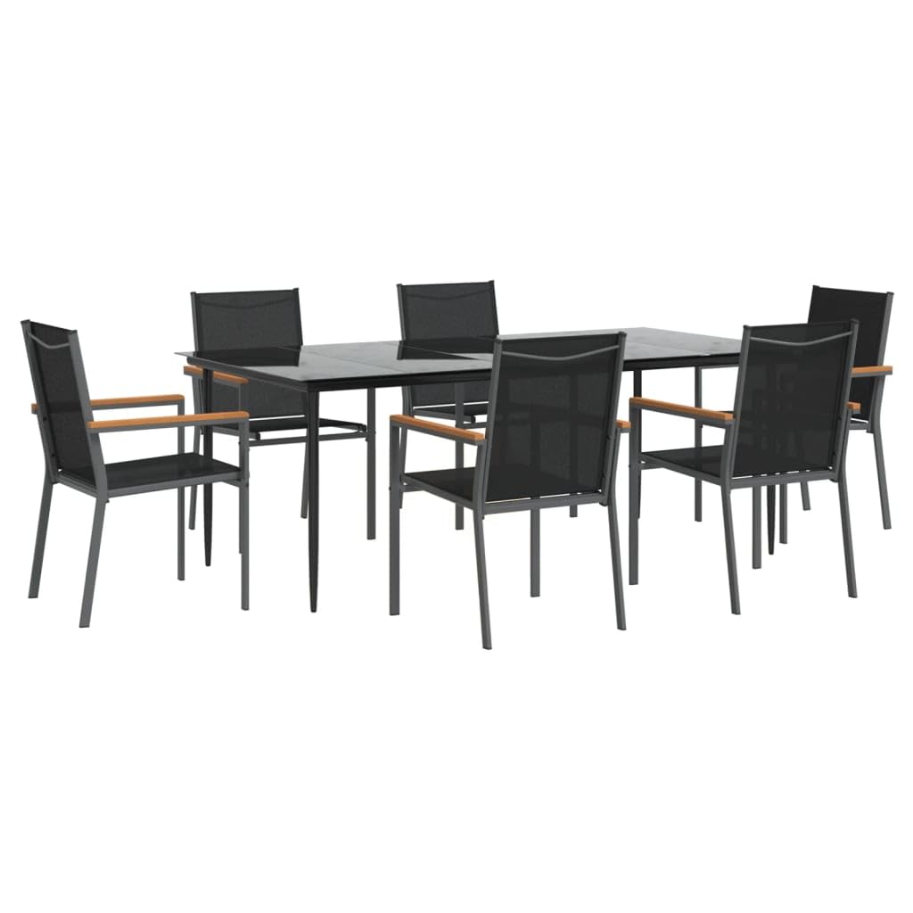 Vidaxl 7-Piece Patio Dining Set With Tempered Glass Tabletop And Black Textilene Chairs - Durable, Uv-Resistant Outdoor Furniture For Garden, Backyard