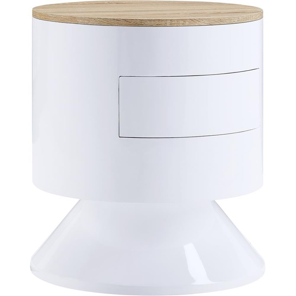 Acme Otith Round Wooden Accent Table with Drawer in White High Gloss and Natural