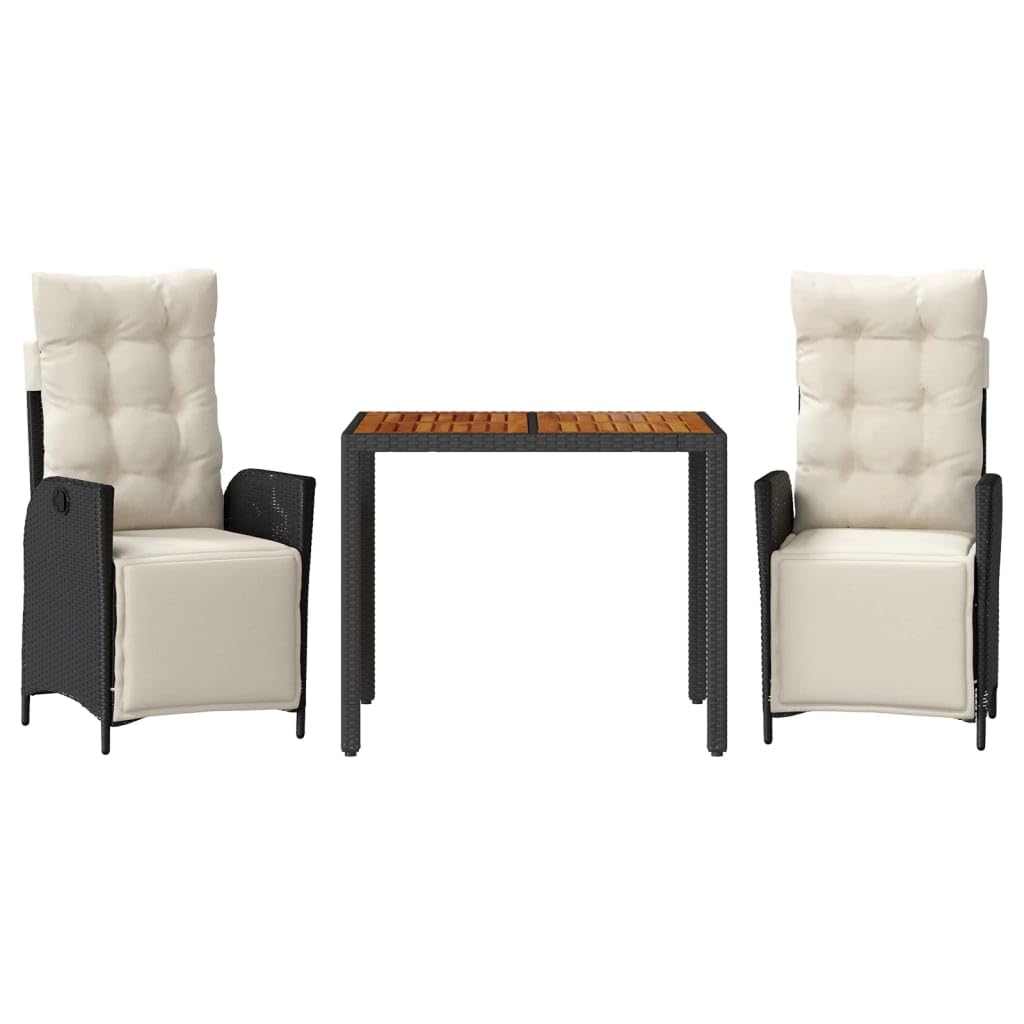 vidaXL 3 Piece Patio Dining Set - Black PE Rattan, Adjustable Reclining Chairs, Cushioned Seats & Acacia Wood Table for Garden/Backyard/Patio