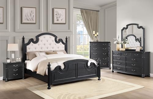 Coaster Home Furnishings Celina Traditional 5-Piece Bedroom Set Fabric Upholstered Eastern King Size Four-Poster Bed Frame 70-inch Headboard Black 224761KE-S5