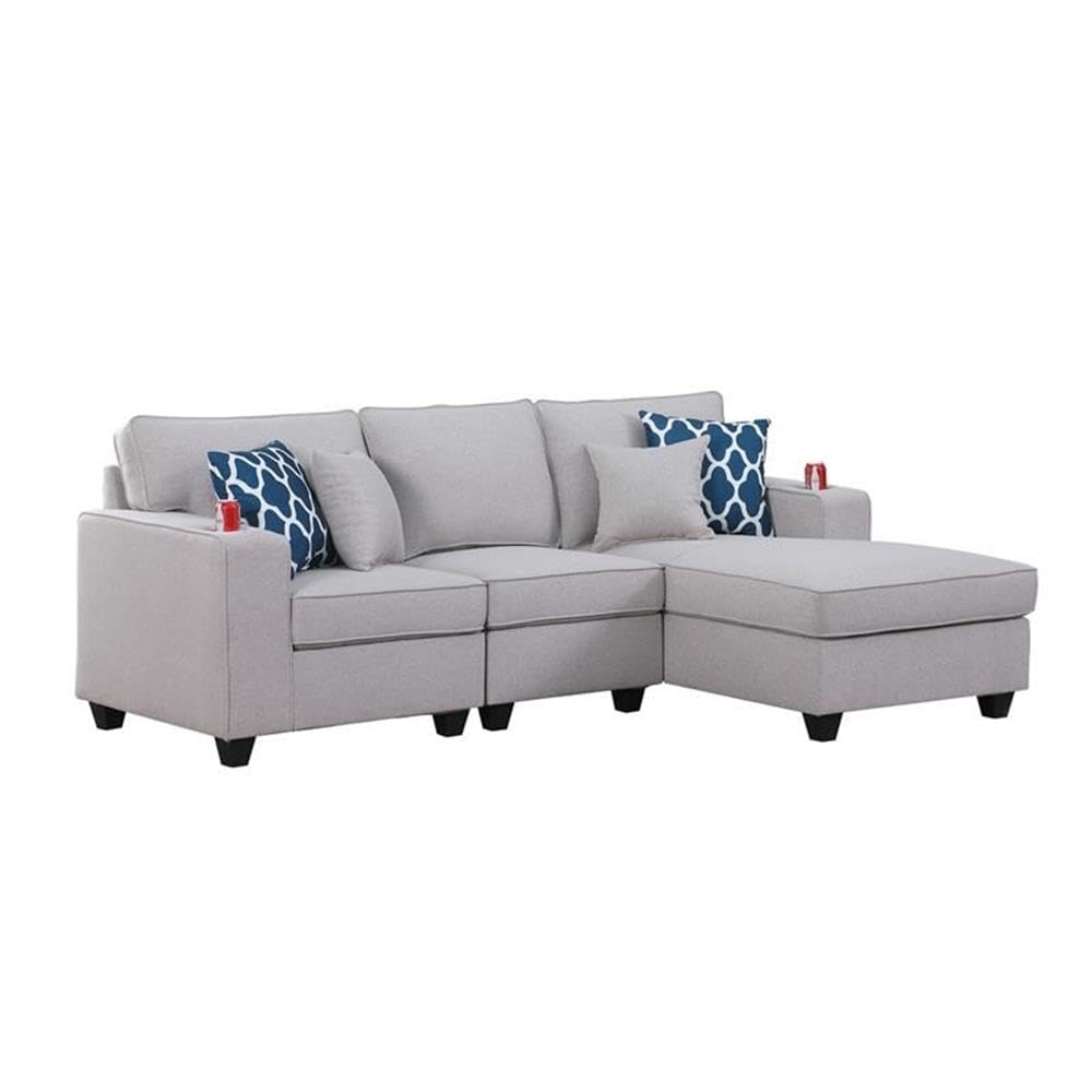 Lilola Home Cooper Light Gray Linen Sectional Sofa Chaise with Cupholder