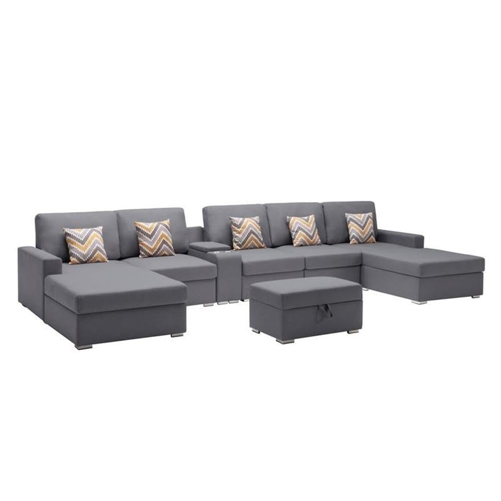 Lilola Home Nolan Gray Linen Fabric 7Pc Double Chaise Sectional Sofa with Interchangeable Legs, Storage Ottoman, Pillows, and a USB, Charging Ports, Cupholders, Storage Console Table