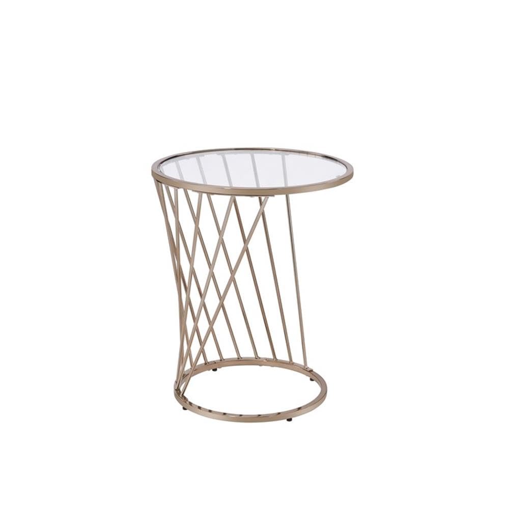 Acme Bluelipe Round Glass Top End Table in Gold and Champagne