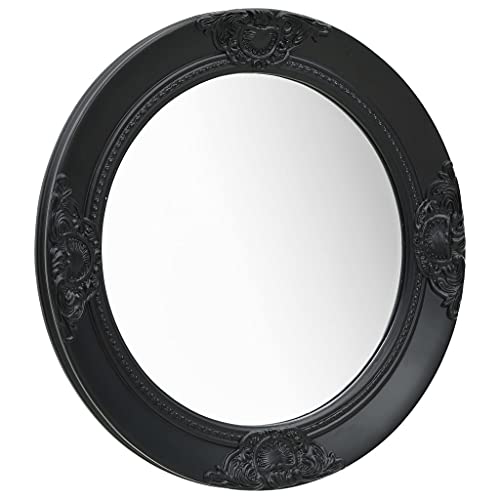 vidaXL Ornate Baroque Style Wall Mirror with Bevelled Edge, Wooden Frame, Round Shape, Included Mounting Hook - 19.7&quot; in Diameter - Black