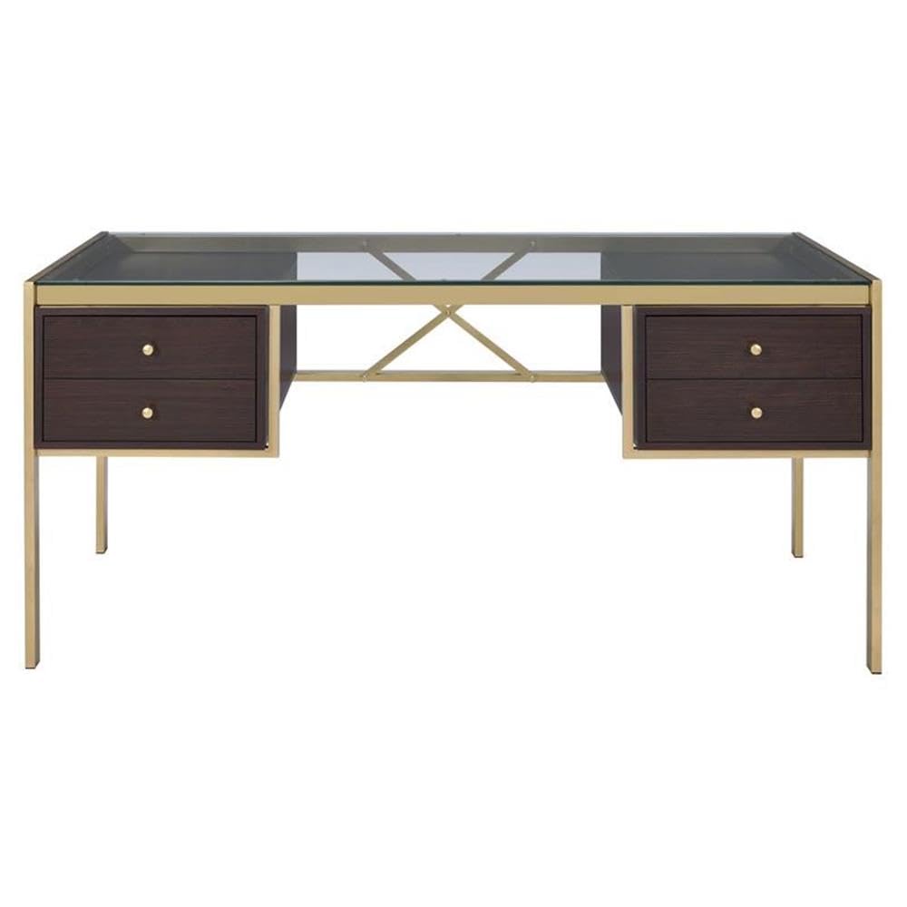 Acme Yumia Glass Rectangle Top 4-Drawer Writing Desk in Gold and Clear Glass