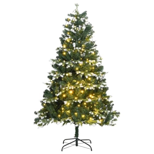vidaXL Artificial Hinged Christmas Tree - 82.7&quot; Tall with 300 LED Lights and Flocked Snow Decor - Green and White - Inclusive of Sturdy Metal Stand