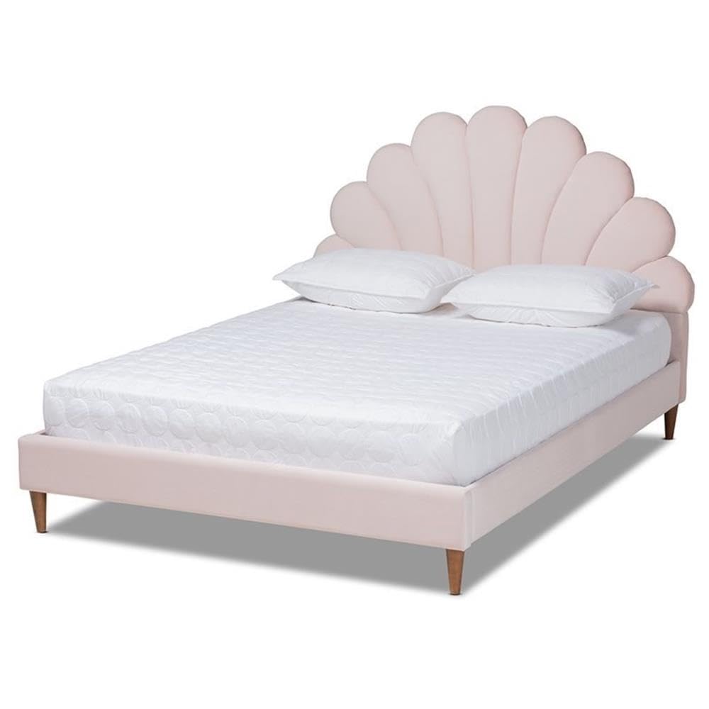 Baxton Studio Odille Queen Size Light Pink Velvet Seashell Shaped Platform Bed
