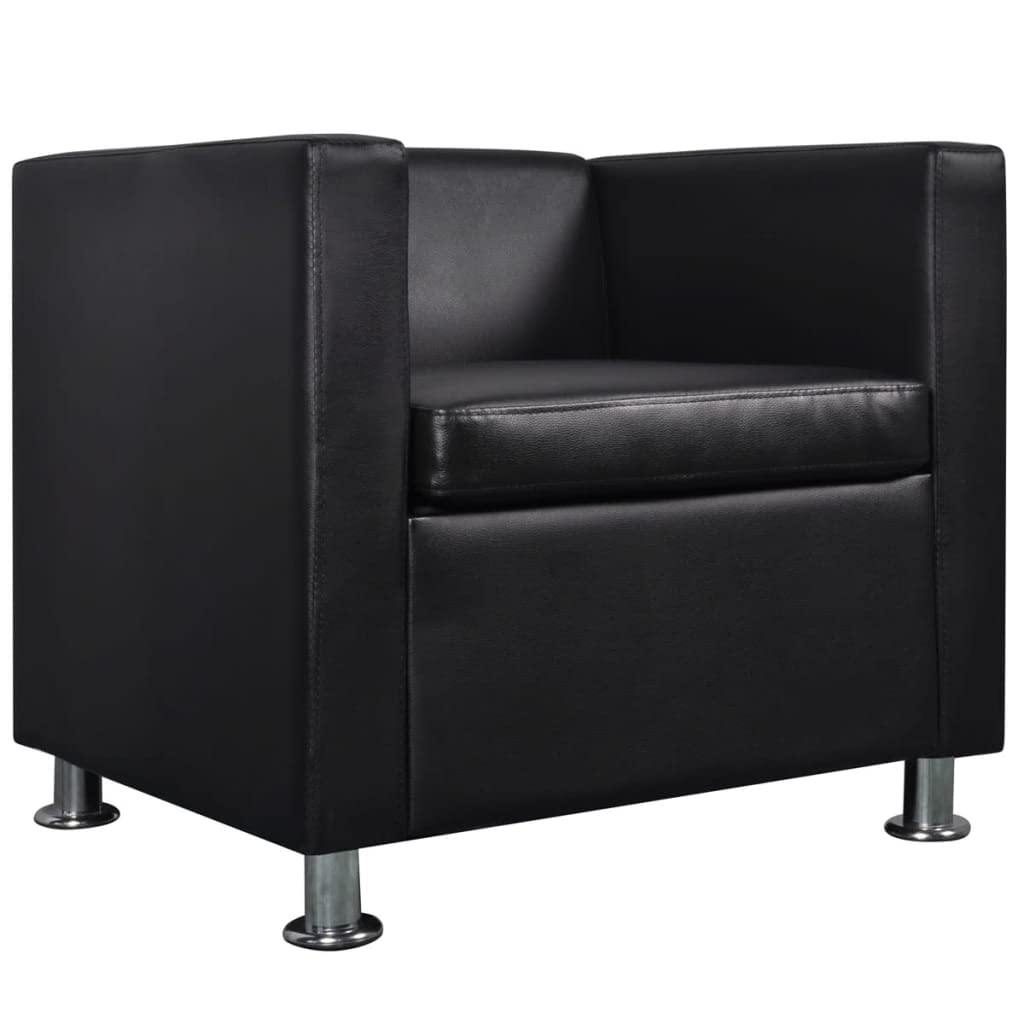 vidaXL Cube Armchair - Modern Design, Artificial Black Leather, Resistant, Thickly Padded Cushion, Wide-Seating Area, Durable - Includes Loose Pillow