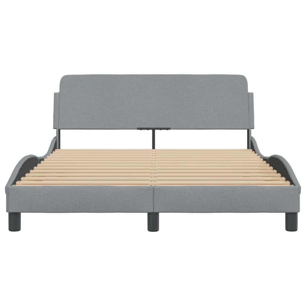 vidaXL Light Gray Double Bed Frame with Headboard - 53.9&quot;x74.8&quot; Fabric Upholstery, Contemporary Bedroom Furniture, Metal & Pine Wood Structure
