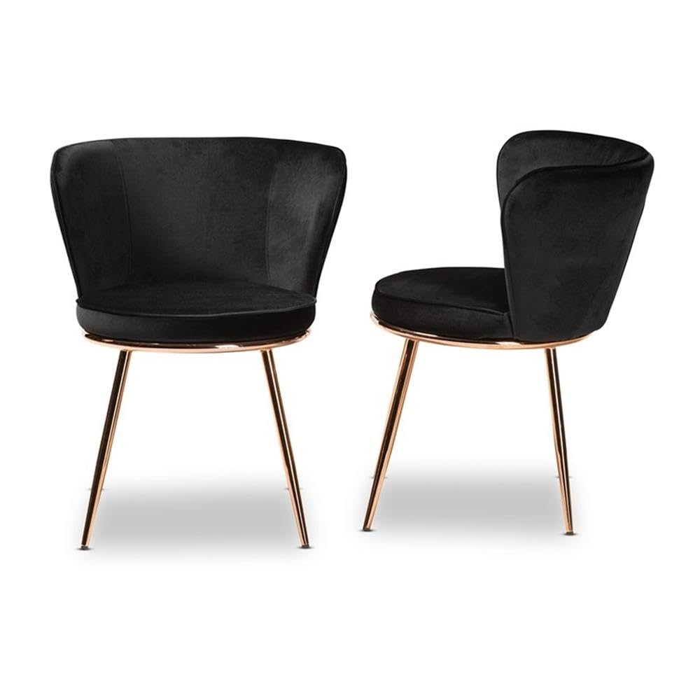Baxton Studio Farah Modern Luxe and Glam Black Velvet Fabric Upholstered and Rose Gold Finished Metal 2-Piece Dining Chair Set