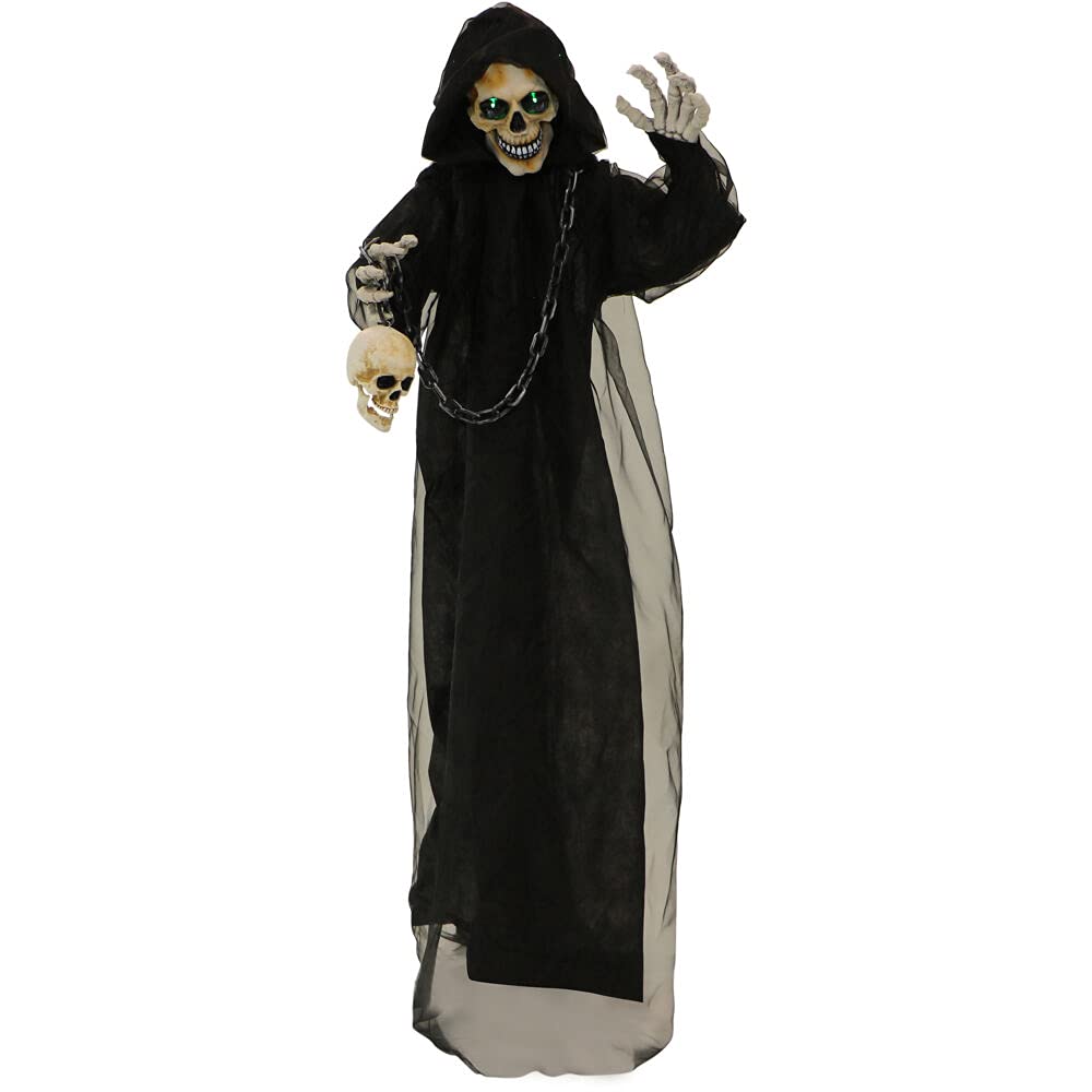 Haunted Hill Farm 5 Ft. Animated Halloween Reaper With 6 Voice Greetings, Red Light-Up Eyes, Touch Activated, Battery-Operated Halloween Decoration