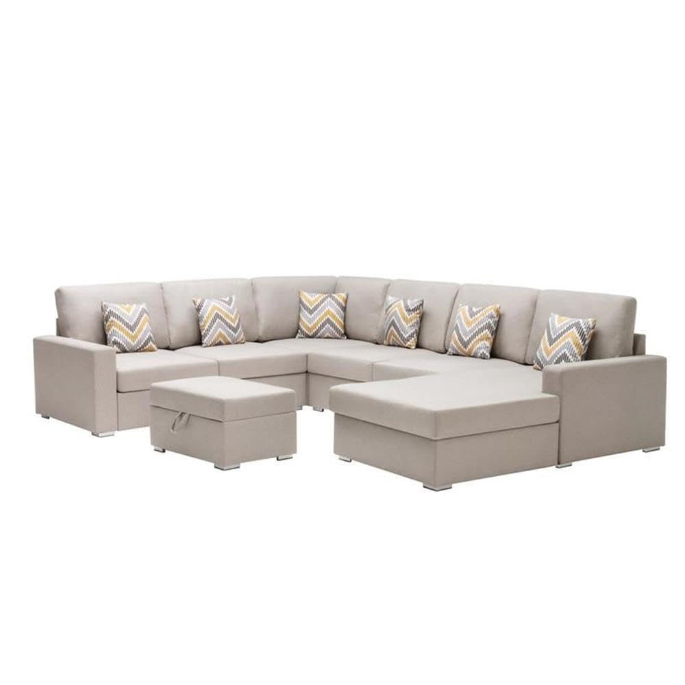 Lilola Home Nolan Beige Linen Fabric 7Pc Reversible Chaise Sectional Sofa with Interchangeable Legs, Pillows and Storage Ottoman